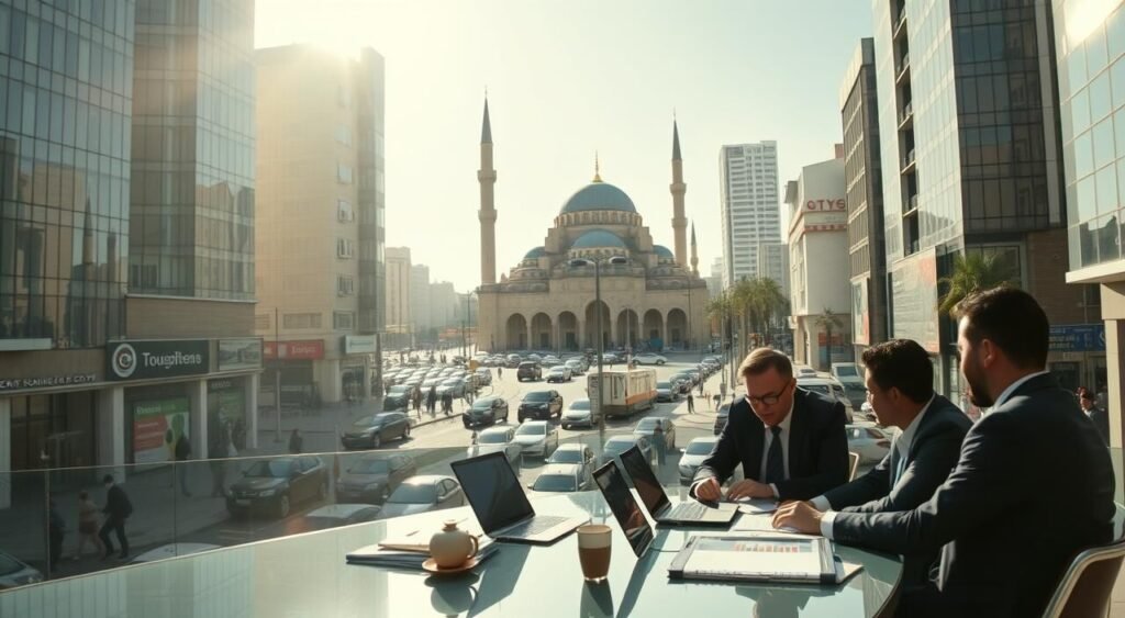 A bustling Moroccan business district, with sleek high-rise office buildings, bustling streets, and well-dressed professionals navigating the dynamic economy. Sunlight filters through the windows, casting a warm glow over the scene. In the foreground, a group of colleagues collaborate at a modern conference table, discussing strategy and analyzing financial data on their laptops. The middle ground features a lively intersection, with cars and pedestrians moving purposefully, reflecting the vibrant economic activity. In the background, the iconic Koutoubia Mosque stands tall, a timeless symbol of Moroccan heritage amidst the contemporary commercial landscape. The overall atmosphere conveys a sense of productive efficiency, entrepreneurial spirit, and economic prosperity.