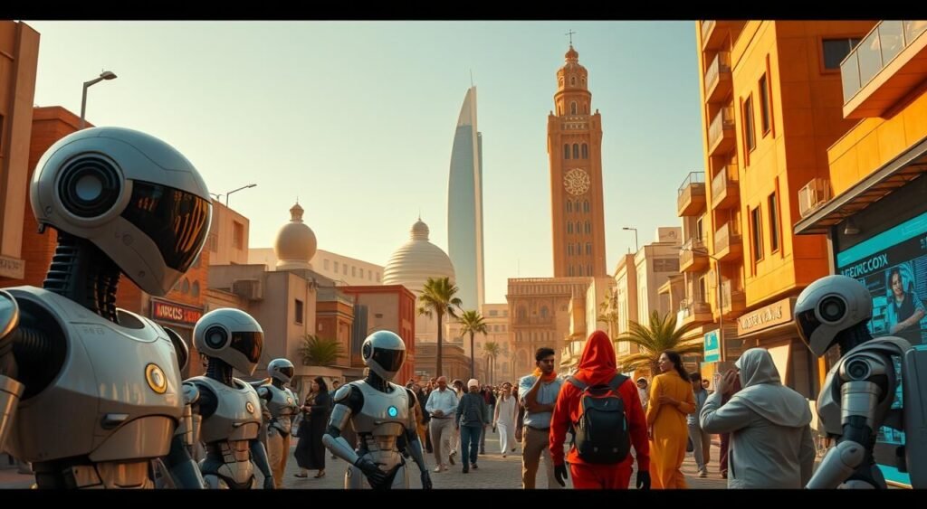 A bustling Moroccan city in the year 2030, showcasing the vibrant and diverse future careers. In the foreground, advanced robotics engineers maintain sleek, AI-powered automation systems. In the middle ground, holographic designers craft mesmerizing 3D projections, while cybersecurity experts safeguard the city's digital infrastructure. In the background, a towering spire houses a research lab developing groundbreaking renewable energy solutions. The scene is bathed in a warm, golden light, conveying a sense of progress, innovation, and Moroccan pride.