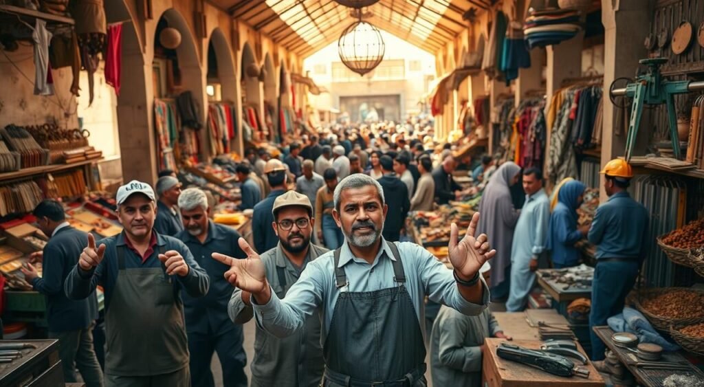 A bustling Moroccan marketplace filled with vendors offering a diverse array of skilled trades and manual labor opportunities. In the foreground, a group of workers gestures animatedly, showcasing their expertise in construction, metalworking, and artisanal crafts. The middle ground features a throng of people browsing stalls stocked with handmade goods and tools, while the background is a vibrant tapestry of colorful textiles, spices, and the warm glow of afternoon sunlight filtering through the open-air structure. The scene conveys a sense of opportunity, community, and the value placed on practical skills and hands-on work in Moroccan society, even without formal academic credentials.