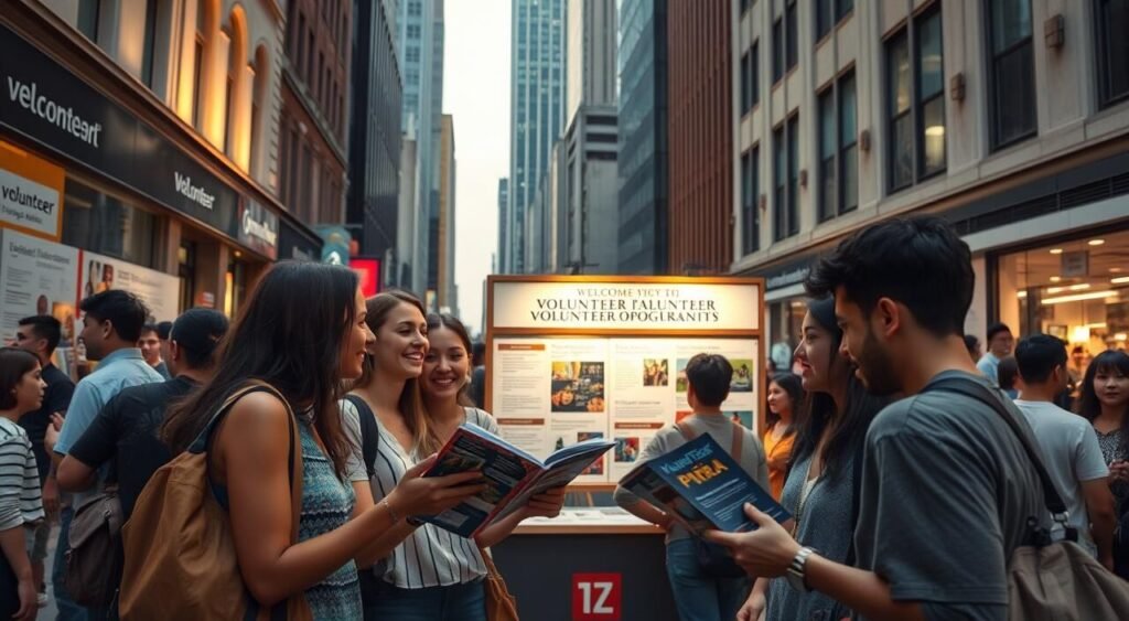 A bustling city street with people of diverse backgrounds engaged in lively discussions, browsing information boards, and perusing volunteer opportunity listings. Soft, warm lighting casts a welcoming glow, drawing the eye towards a central kiosk showcasing international volunteer programs. In the foreground, a group of young adults animatedly compare brochures, their expressions filled with excitement and curiosity. Towering buildings in the background suggest an urban setting, while the overall atmosphere conveys a sense of global community and the possibility of transformative experiences abroad. A bustling city street with people of diverse backgrounds engaged in lively discussions, browsing information boards, and perusing volunteer opportunity listings. Soft, warm lighting casts a welcoming glow, drawing the eye towards a central kiosk showcasing international volunteer programs. In the foreground, a group of young adults animatedly compare brochures, their expressions filled with excitement and curiosity. Towering buildings in the background suggest an urban setting, while the overall atmosphere conveys a sense of global community and the possibility of transformative experiences abroad.