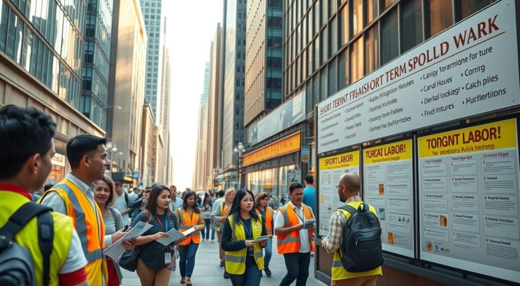 A bustling city street, with people of diverse backgrounds navigating the sidewalks. In the foreground, a group of volunteers in bright vests are distributing flyers, engaging with passersby. In the middle ground, a bulletin board displays various short-term job opportunities, from administrative roles to manual labor. The background is filled with towering skyscrapers, their glass facades reflecting the vibrant energy of the urban setting. The lighting is warm and inviting, creating a sense of dynamism and opportunity. The overall atmosphere conveys a feeling of community, with individuals coming together to explore international work and volunteering prospects.
