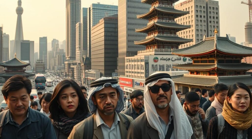 A bustling cityscape of Seoul, South Korea, where towering skyscrapers and modern infrastructure create a dynamic and competitive job market. In the foreground, a group of Arab professionals navigates the cultural and linguistic challenges, their expressions reflecting the tension and uncertainty of finding employment. The middle ground showcases the diversity of the city, with a mix of international businesses and local enterprises, hinting at the opportunities and barriers faced by foreign workers. The background blends traditional Korean architecture with sleek, contemporary designs, symbolizing the juxtaposition of old and new in the rapidly evolving workforce. Warm, diffused lighting sets a contemplative mood, as the scene captures the essence of the challenges Arab job seekers encounter in the competitive Korean job market.
