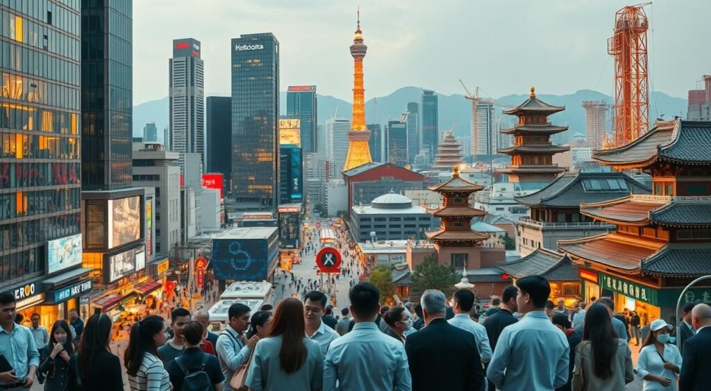 A bustling cityscape of modern high-rise buildings, towering skyscrapers, and neon-lit streets in the heart of Seoul, South Korea. In the foreground, a diverse group of professionals, engineers, and entrepreneurs, representing the Arab diaspora, engage in dynamic discussions and collaborations. The middle ground showcases various industries, from cutting-edge tech startups to thriving manufacturing plants, symbolizing the wealth of employment opportunities available. In the background, a vibrant blend of traditional Korean architecture and infrastructure, highlighting the unique cultural fusion that defines the country's thriving job market. Warm, golden lighting casts a welcoming glow, evoking a sense of opportunity and prosperity for Arab job seekers in this dynamic, global economic hub.