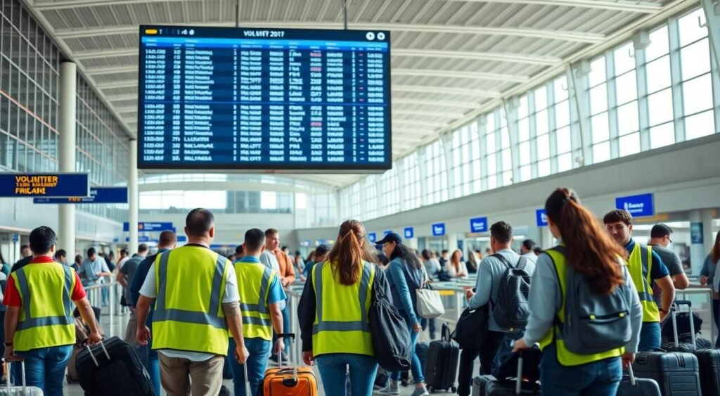 A bustling international airport terminal, with travelers navigating luggage and queuing at check-in counters. In the foreground, a group of volunteers wearing bright vests, assisting passengers with their paperwork and luggage. The middle ground features a large digital display board with flight information, adding a sense of organization and efficiency. The background showcases the architectural grandeur of the terminal, with high ceilings, glass walls, and natural light flooding the space. The overall scene conveys the logistical preparations and support mechanisms involved in volunteering abroad, with a focus on the travel and visa-related aspects. A bustling international airport terminal, with travelers navigating luggage and queuing at check-in counters. In the foreground, a group of volunteers wearing bright vests, assisting passengers with their paperwork and luggage. The middle ground features a large digital display board with flight information, adding a sense of organization and efficiency. The background showcases the architectural grandeur of the terminal, with high ceilings, glass walls, and natural light flooding the space. The overall scene conveys the logistical preparations and support mechanisms involved in volunteering abroad, with a focus on the travel and visa-related aspects.