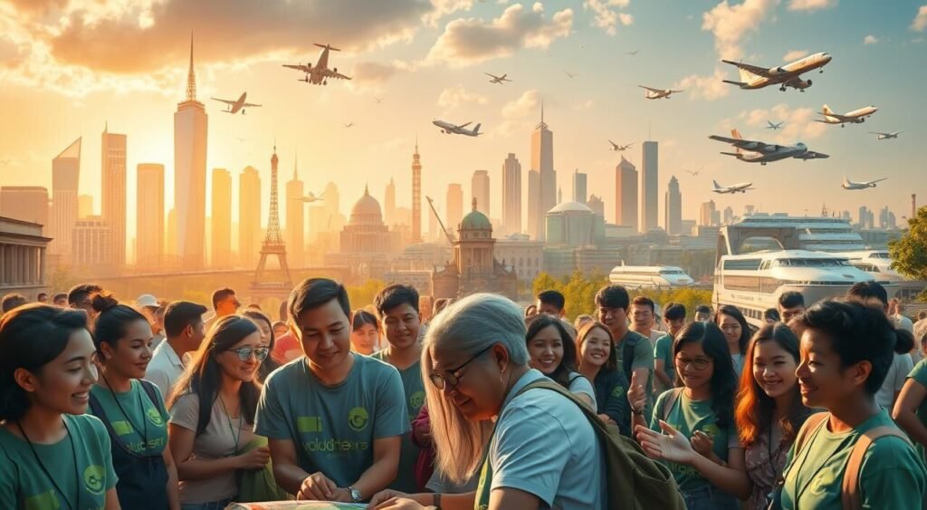 A bustling scene of international volunteer work, captured in a vivid digital painting. In the foreground, a diverse group of volunteers collaborating on a project, their faces alight with purpose. In the middle ground, a backdrop of iconic global landmarks - towering skyscrapers, ancient monuments, and lush green spaces. The lighting is warm and golden, creating a sense of harmony and shared endeavor. In the background, an array of transportation modes - planes, trains, and boats - symbolizing the global reach and interconnectedness of this voluntary movement. The overall atmosphere conveys a spirit of unity, cultural exchange, and the profound impact of individuals committed to making a difference worldwide. A bustling scene of international volunteer work, captured in a vivid digital painting. In the foreground, a diverse group of volunteers collaborating on a project, their faces alight with purpose. In the middle ground, a backdrop of iconic global landmarks - towering skyscrapers, ancient monuments, and lush green spaces. The lighting is warm and golden, creating a sense of harmony and shared endeavor. In the background, an array of transportation modes - planes, trains, and boats - symbolizing the global reach and interconnectedness of this voluntary movement. The overall atmosphere conveys a spirit of unity, cultural exchange, and the profound impact of individuals committed to making a difference worldwide.