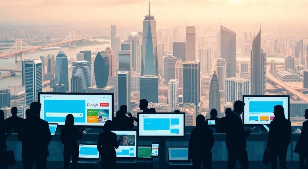A bustling scene of job search platforms against a backdrop of a modern, global city skyline. In the foreground, a selection of popular job search websites and mobile apps are prominently displayed, their icons and logos clearly visible. The middle ground features silhouettes of professionals engaged in job search activities, laptops and smartphones in hand. The background showcases a vibrant cityscape with gleaming skyscrapers, bridges, and transportation hubs, conveying an international, cosmopolitan atmosphere. The lighting is crisp and inviting, with a blend of warm and cool tones that evoke a sense of opportunity and progress. The overall composition suggests a dynamic, tech-savvy job market with abundant global career prospects.