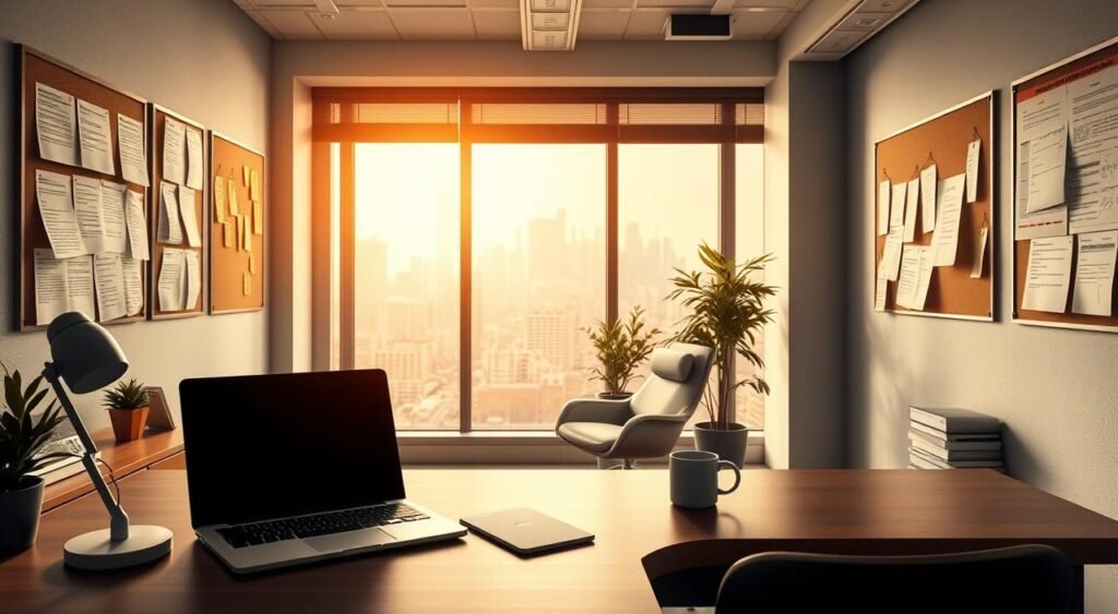 A detailed, well-lit interior office scene. In the foreground, a desk with a laptop, desk lamp, and a cup of coffee. Behind it, a large window overlooking a cityscape, with warm natural light streaming in. On the walls, bulletin boards with sticky notes and printed documents, representing the remote work requirements. In the middle ground, a comfortable office chair and a potted plant, conveying a professional yet cozy atmosphere. The overall mood is one of focus, productivity, and the flexibility of remote work.
