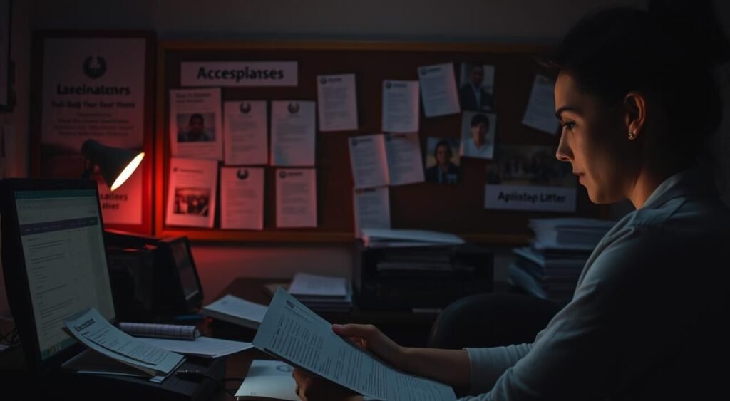 A dimly lit office interior, with a desktop computer and various documents scattered across the surface. In the foreground, a person is carefully reviewing application materials, their face illuminated by the soft glow of the screen. Behind them, a corkboard displays program information, acceptance letters, and photos of past volunteers. The atmosphere is one of quiet contemplation and thoughtful consideration, as the viewer imagines the process of reviewing and selecting candidates for an international volunteer program. A dimly lit office interior, with a desktop computer and various documents scattered across the surface. In the foreground, a person is carefully reviewing application materials, their face illuminated by the soft glow of the screen. Behind them, a corkboard displays program information, acceptance letters, and photos of past volunteers. The atmosphere is one of quiet contemplation and thoughtful consideration, as the viewer imagines the process of reviewing and selecting candidates for an international volunteer program.