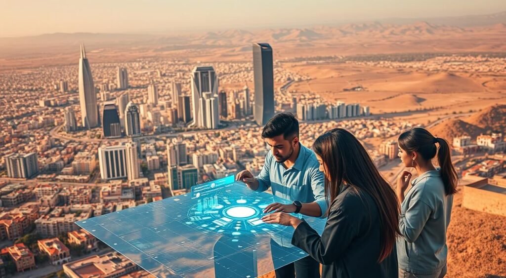 A dynamic digital and technology landscape in Morocco, showcasing a diverse array of professional opportunities. In the foreground, a team of young, tech-savvy individuals collaborating on a cutting-edge project, surrounded by holographic displays and futuristic interfaces. The middle ground features a bustling cityscape, with skyscrapers housing state-of-the-art software companies and innovation hubs. In the background, a sweeping vista of the Moroccan countryside, symbolizing the country's embrace of technological advancements. Warm, vibrant lighting casts a sense of optimism and progress, while the overall composition conveys the promising future of Morocco's digital and technological industries.