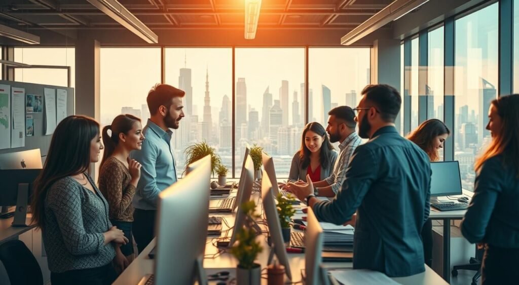 A dynamic global workspace with people of diverse backgrounds collaborating on various international projects. In the foreground, professionals from different nations engaged in a lively discussion, their body language conveying a sense of collaboration and shared purpose. The middle ground showcases a bustling office environment, with computer workstations, whiteboards, and an array of office supplies, reflecting the fast-paced, technology-driven nature of modern international work. In the background, a skyline of skyscrapers and architectural landmarks from various countries, symbolizing the global reach and interconnectedness of the job opportunities. Warm, natural lighting filters through large windows, creating a productive and welcoming atmosphere. The overall scene exudes a feeling of boundless opportunities, cultural exchange, and professional growth.