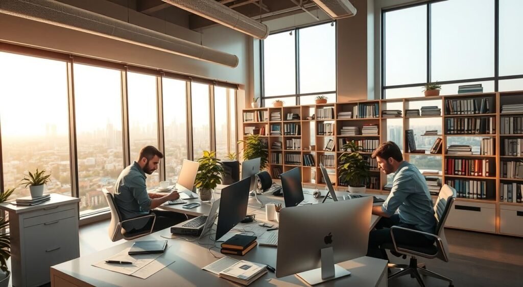 A modern, well-equipped engineering office in Morocco, bathed in warm afternoon light. Engineers in casual attire collaborate at desks, poring over CAD drawings and 3D models. Behind them, large windows offer a panoramic view of the bustling city skyline. Shelves filled with technical manuals and reference books line the walls, creating an atmosphere of focused professionalism. Sleek, minimalist furniture and clean lines convey a sense of efficiency and innovation. The overall scene reflects the dynamic and in-demand nature of engineering careers in Morocco's rapidly developing economy.