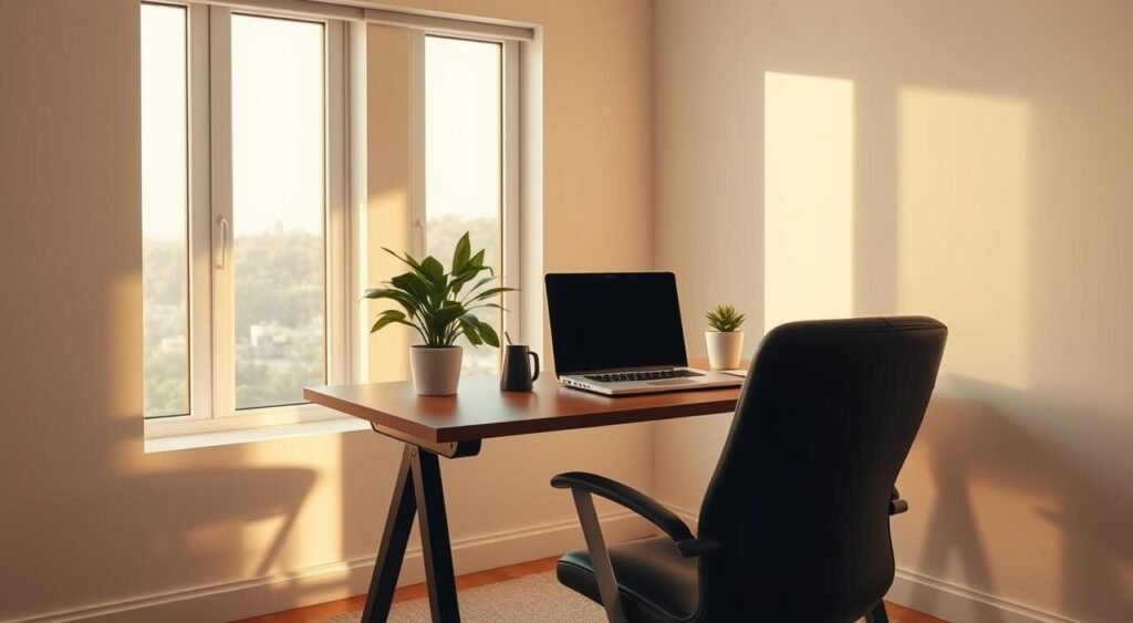 A modern, well-lit home office space with a minimalist desk setup. A laptop, wireless keyboard and mouse, and a plant or two sit neatly on the desk. The room has large windows allowing natural light to flood in, casting a warm, productive glow. A comfortable office chair is positioned in front of the desk, suggesting the calm and focus of remote work. The walls are plain and uncluttered, creating a serene, distraction-free environment. The overall atmosphere is one of efficiency, organization, and the quiet productivity of the remote work lifestyle.