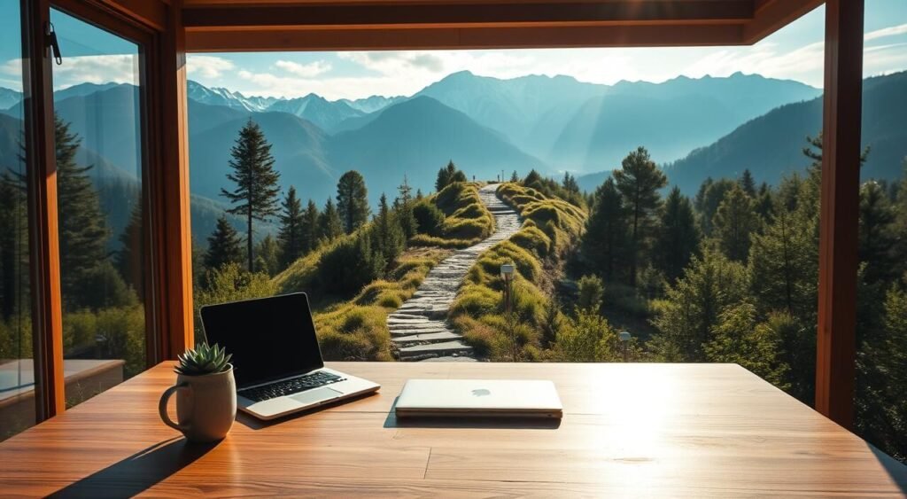 A serene and tranquil outdoor scene of a remote workspace with a stunning mountain landscape in the background. The foreground features a modern, minimalist wooden desk with a laptop, coffee mug, and a succulent plant. Warm, natural lighting filters through the large windows, creating a cozy and inviting atmosphere. The middle ground showcases lush, verdant foliage and a winding path leading towards the distant snow-capped peaks. The overall composition conveys a sense of peace, productivity, and the freedom of working remotely in a breathtaking, global setting.