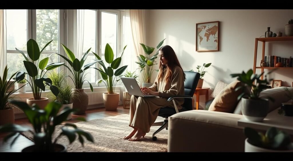 A serene home office setting with a woman working remotely on a laptop, surrounded by lush indoor plants and natural light filtering through large windows. The room has a cozy, welcoming ambiance, with a plush area rug and ergonomic furniture that caters to the comfort and productivity of a modern, tech-savvy Moroccan woman. The scene exudes a sense of balance, efficiency, and the flexibility that remote work offers, empowering women to thrive in their careers while managing their personal responsibilities.