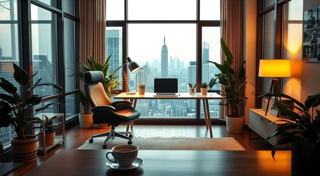 A serene home office with an expansive city skyline visible through large windows. A plush ergonomic chair and a sleek, minimalist desk setup create a comfortable and productive workspace. Warm lighting from a floor lamp and natural daylight create a calming ambiance. The room is adorned with lush indoor plants, adding a touch of nature and tranquility. In the foreground, a cup of coffee and a laptop suggest the efficiency and flexibility of remote work. The overall scene conveys the benefits of working from the comfort of one's own space, with the freedom and focus to thrive.