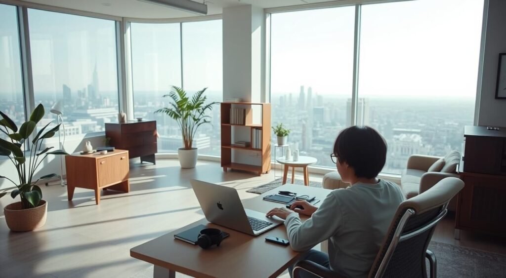 A serene, minimalist office space with natural light streaming through large windows. In the foreground, a person works intently on a laptop, surrounded by a few essential items - a plant, a mug, and a pair of headphones. The middle ground features a mix of traditional and contemporary furnishings, hinting at the flexibility and adaptability of remote work. The background showcases a panoramic view of a vibrant cityscape, blending urban elements with a sense of tranquility. The overall atmosphere conveys the balance and efficiency of remote work patterns, allowing for focus and productivity while embracing the freedom of location-independent employment.