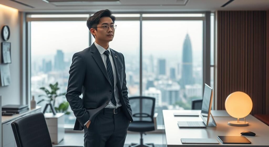 A serene office scene in Seoul, South Korea. A well-dressed professional stands in a neatly arranged workspace, surrounded by minimalist decor and sleek technology. Soft, warm lighting illuminates the space, creating a calm and focused atmosphere. The person's gaze is thoughtful, hinting at the diligence and dedication required for success in the Korean job market. In the background, a panoramic view of the bustling city skyline sets the stage for opportunity and growth. The overall composition conveys a sense of purpose, professionalism, and the potential for a rewarding career in the dynamic South Korean workforce.