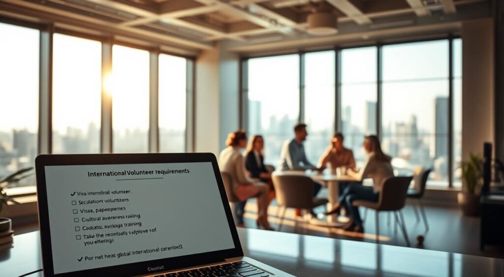 A serene, sunlit office setting with a team of diverse international volunteers collaborating on a global project. In the foreground, a laptop displays a checklist of international volunteer requirements - visas, paperwork, cultural awareness training. The middle ground showcases a round table discussion, participants exchanging ideas animatedly. In the background, floor-to-ceiling windows overlook a bustling city skyline, suggesting the far-reaching scope of their work. Warm lighting, neutral tones, and a sense of professionalism and purpose convey the serious yet rewarding nature of international volunteering. A serene, sunlit office setting with a team of diverse international volunteers collaborating on a global project. In the foreground, a laptop displays a checklist of international volunteer requirements - visas, paperwork, cultural awareness training. The middle ground showcases a round table discussion, participants exchanging ideas animatedly. In the background, floor-to-ceiling windows overlook a bustling city skyline, suggesting the far-reaching scope of their work. Warm lighting, neutral tones, and a sense of professionalism and purpose convey the serious yet rewarding nature of international volunteering.