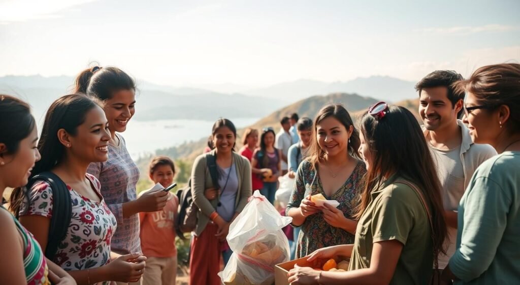 A tranquil outdoor scene depicting the benefits of volunteer work abroad. In the foreground, a group of diverse volunteers engage in various tasks, such as teaching children, building homes, or distributing food. Their expressions convey a sense of fulfillment and purpose. In the middle ground, the local community interacts with the volunteers, appreciating their efforts. The background features a scenic landscape, perhaps mountains or a coastal region, highlighting the cultural exchange and immersion experienced during the volunteer work. The lighting is warm and natural, creating a welcoming atmosphere. The overall composition emphasizes the mutual understanding, personal growth, and positive social impact that result from volunteering internationally. A tranquil outdoor scene depicting the benefits of volunteer work abroad. In the foreground, a group of diverse volunteers engage in various tasks, such as teaching children, building homes, or distributing food. Their expressions convey a sense of fulfillment and purpose. In the middle ground, the local community interacts with the volunteers, appreciating their efforts. The background features a scenic landscape, perhaps mountains or a coastal region, highlighting the cultural exchange and immersion experienced during the volunteer work. The lighting is warm and natural, creating a welcoming atmosphere. The overall composition emphasizes the mutual understanding, personal growth, and positive social impact that result from volunteering internationally.