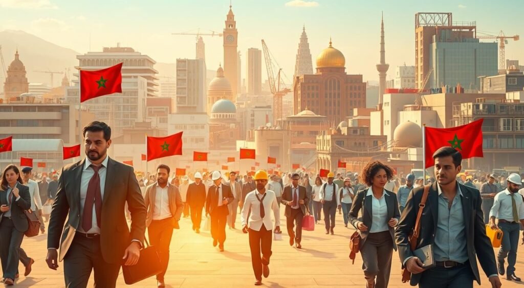 A vibrant and dynamic cityscape filled with various occupations and professions, representing the diverse job market in Morocco. In the foreground, professionals in business attire stride purposefully, while in the middle ground, skilled technicians and tradespeople work diligently. The background showcases a blend of modern architecture and traditional Moroccan elements, symbolizing the country's evolution and the evolving demands of the labor market. The scene is bathed in warm, golden light, evoking a sense of opportunity and prosperity. Subtle hints of the Moroccan flag and cultural motifs are woven throughout, creating a visually striking and authentic representation of the country's employment landscape.