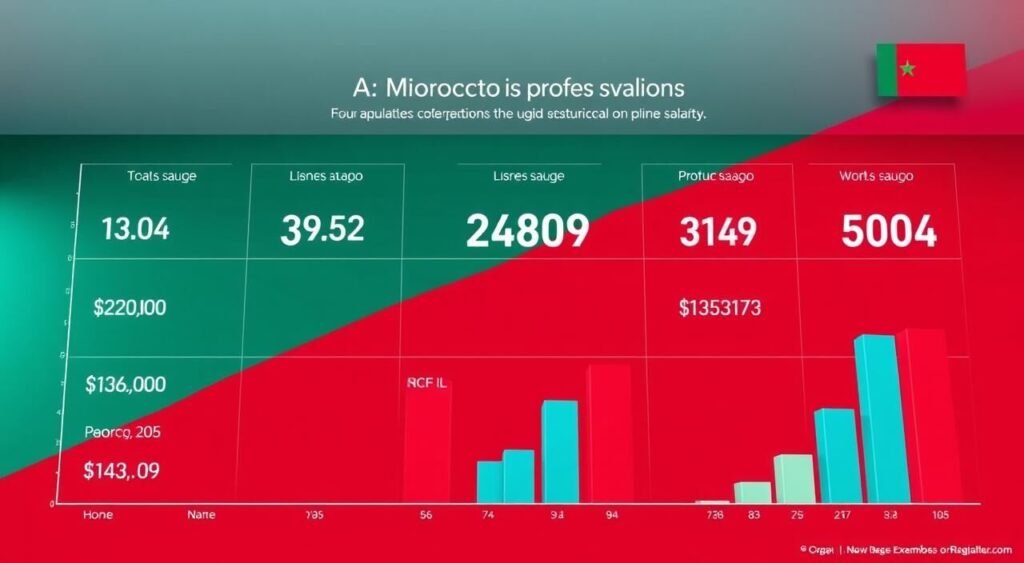 A vibrant infographic showcasing the salary ranges of various professions in Morocco. The scene features a clean, minimalist layout with elegant typography and high-quality icons or illustrations for each job category. The color palette should be rich and harmonious, creating a sense of authority and reliability. The overall composition should be balanced and easy to read, guiding the viewer's eye through the key data points. Subtle grid lines or shapes provide structure without distracting from the core information. The lighting should be soft and diffused, lending a professional, polished appearance. The camera angle should be slightly elevated, giving an air of authority and importance to the subject matter.