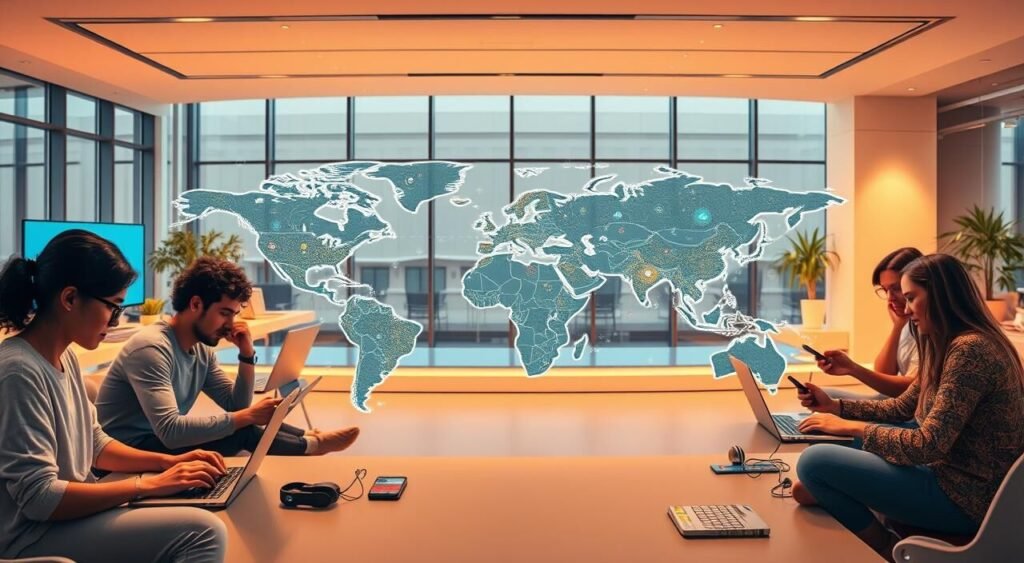A vibrant, panoramic view of a remote work environment, capturing the global nature of online employment opportunities. In the foreground, a diverse group of professionals - developers, designers, entrepreneurs - collaborating seamlessly across digital platforms, their laptops and smartphones suggesting the borderless nature of their work. The middle ground features a stylized world map, pulsing with animated icons representing the international scope of remote job postings. In the background, a sleek, minimalist office space with floor-to-ceiling windows, bathed in warm, diffused lighting, symbolizing the flexibility and modern appeal of remote careers. The overall scene conveys a sense of connection, opportunity, and the potential for a fulfilling work-life balance through remote employment pathways for global migration.