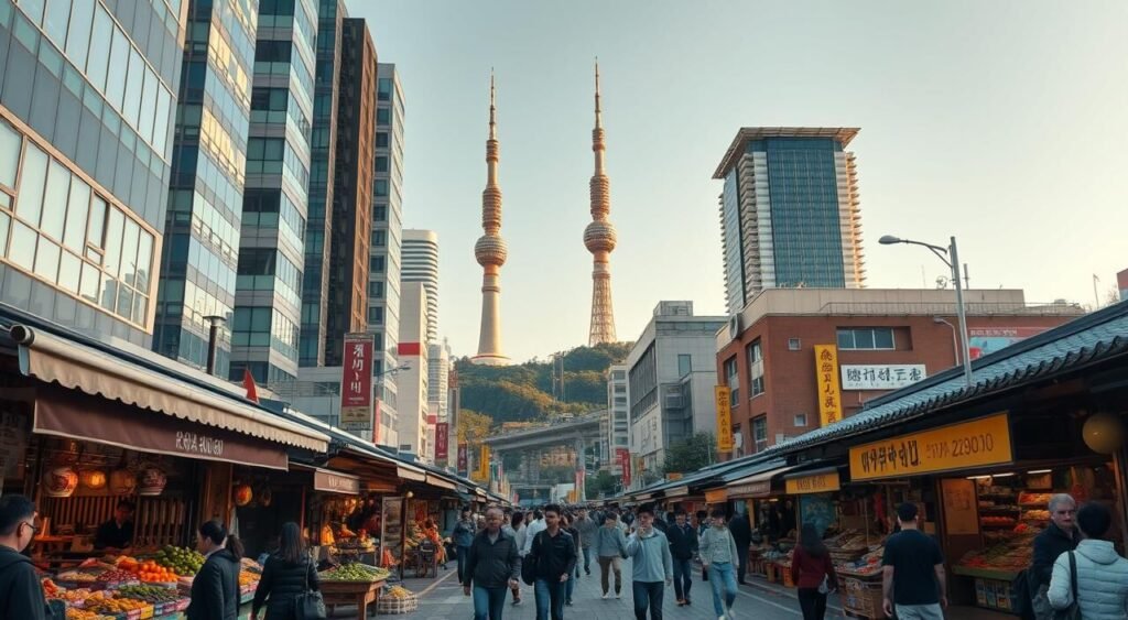 A vibrant street scene in downtown Seoul, South Korea, showcasing the diverse culture and modern architecture. In the foreground, a bustling market with vendors selling fresh produce, traditional street food, and handcrafted goods. The middle ground features towering skyscrapers, their glass facades reflecting the afternoon sun. In the background, the iconic Seoul Tower stands tall, overlooking the city's lush green hills. The scene is bathed in a warm, golden light, creating a welcoming and inviting atmosphere. Pedestrians weave through the crowds, highlighting the energy and vitality of daily life in this dynamic Asian metropolis.