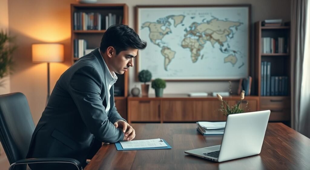 A warm, inviting office setting with a large wooden desk and a cozy chair. On the desk, a laptop, a stack of folders, and a potted plant. Behind the desk, a bookshelf filled with books and a framed world map on the wall. In the foreground, a businessperson in a smart casual outfit, leaning over the desk, deep in thought. The lighting is soft and natural, creating a contemplative atmosphere. The overall scene conveys a sense of focus, preparedness, and thoughtfulness, reflecting the challenges and opportunities of finding international work opportunities.