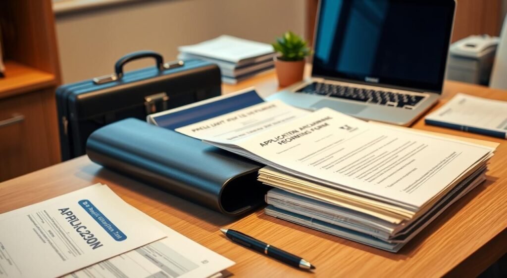 An office desk with various document folders, application forms, and a laptop computer. The desk is well-lit, with a warm, professional atmosphere. The documents are neatly organized, suggesting a meticulous and detail-oriented application process. A briefcase and a small plant on the desk add a touch of sophistication. The background is blurred, keeping the focus on the essential documents and the application materials needed for a job in South Korea.