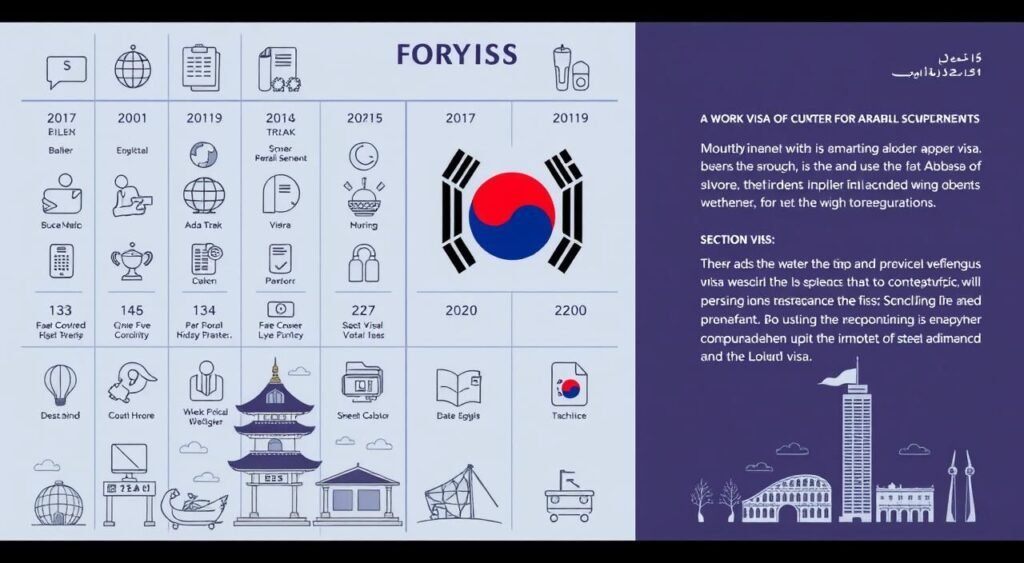 Detailed illustration of various work visas for South Korea, showcasing the diverse options available for Arab immigrants. A sophisticated rendering with clean lines, muted colors, and a professional, informative tone. Distinct visa types depicted as distinct icons or symbols, arrayed in a grid-like composition to emphasize the breadth of opportunities. Subtle background elements alluding to the South Korean setting, such as architectural details or natural landscapes. Overall, a visually compelling and informative image to accompany the article section on work visa requirements.