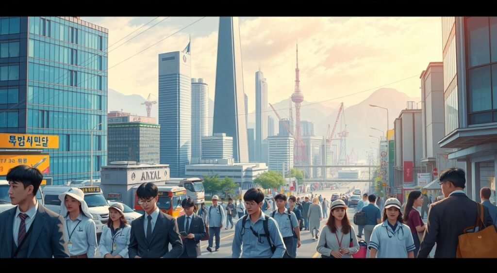 a detailed digital illustration of the South Korean economy and job market, depicting a bustling cityscape with modern high-rise buildings, bustling streets, and a diverse workforce. The foreground should showcase South Korean workers in various professional attire, including business suits, uniforms, and casual wear, engaged in their daily tasks. The middle ground should feature prominent landmarks or landmarks associated with South Korea's economic prowess, such as the Seoul skyline, corporate headquarters, or industrial complexes. The background should provide a sense of scale and context, featuring a lush natural landscape or additional urban elements that convey the vibrant and dynamic nature of the South Korean job market. The overall composition should convey a sense of productivity, opportunity, and the thriving economic landscape that South Korea offers to prospective Arab workers.
